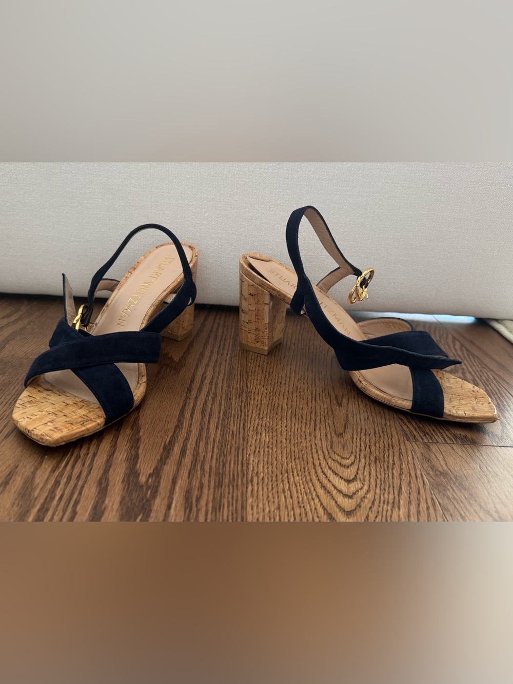 Stuart Weitzman Navy Suede Cork Block Heel Sandals with Gold Buckle (8.5)